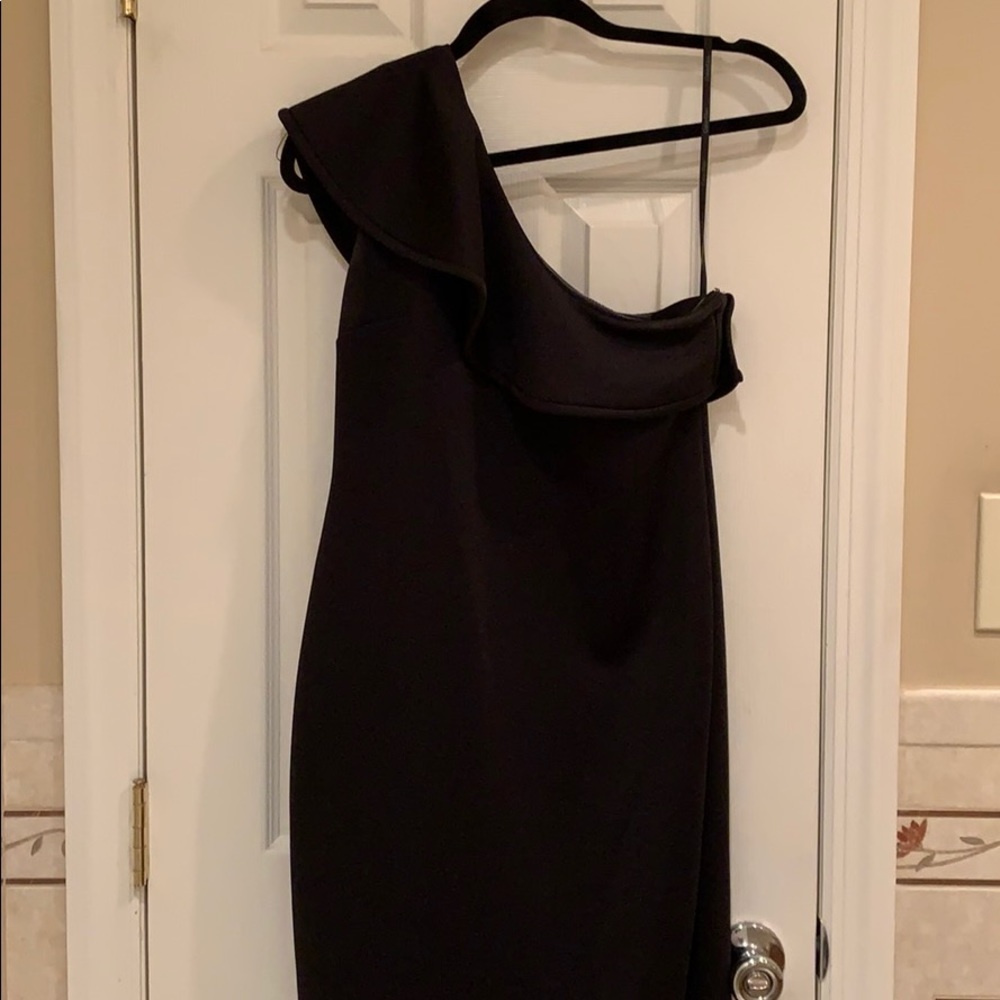 Calvin Klein black one shoulder ruffle dress